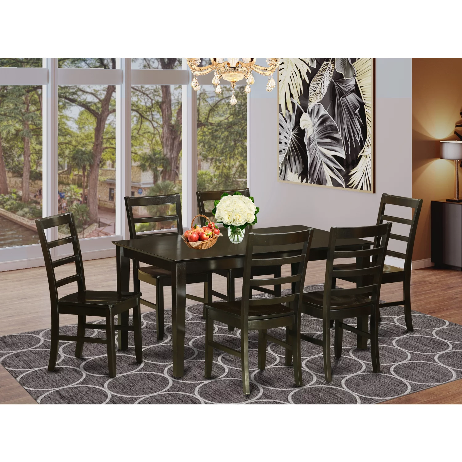 East West Furniture  7 Piece Formal Dining Room Set-Table and 6 Matching Dining Chairs