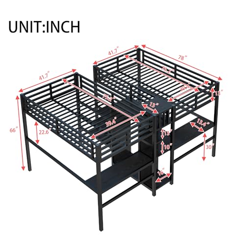 Twin Size Double Loft Bed with Desks, Heavy Duty Metal Loft Bed Frame with Charging Station, Wardrobe & Storage Shelves, Noise Reduced, Black+Natural Wood