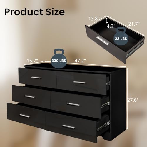 6 Drawer Dresser for Bedroom, Black Dresser Chest of Drawers, Wooden Bedroom Dresser TV Stand, Large Dresser Storage Chest with Deep Drawers, Living Room Bedroom Furniture, 47.2