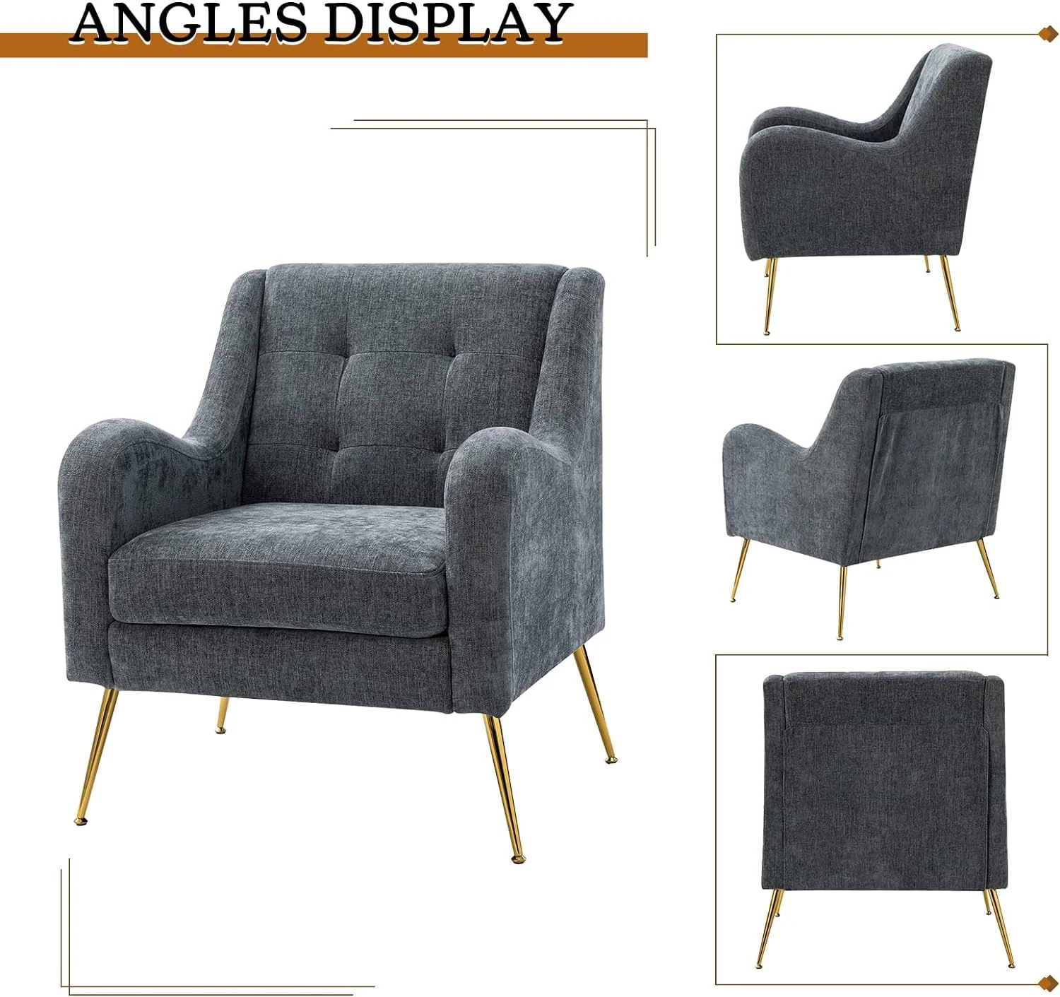 Upholstered Armchairs Set with Removable Cushion Tufted Single Sofa Accent Chairs Golden Leg Home Living Room Bedroom Office Navy