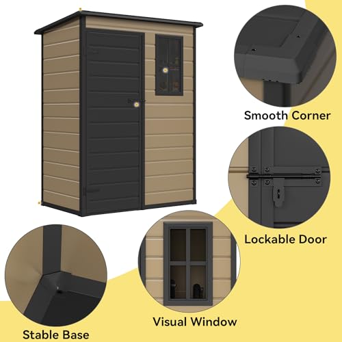 DWVO 5x3ft Resin Outdoor Storage Shed with Floor, Waterproof Lockable Storage Shed with Window, Plastic Outside Tool Storage for Garden, Backyard, Patio, Lawn, Gray