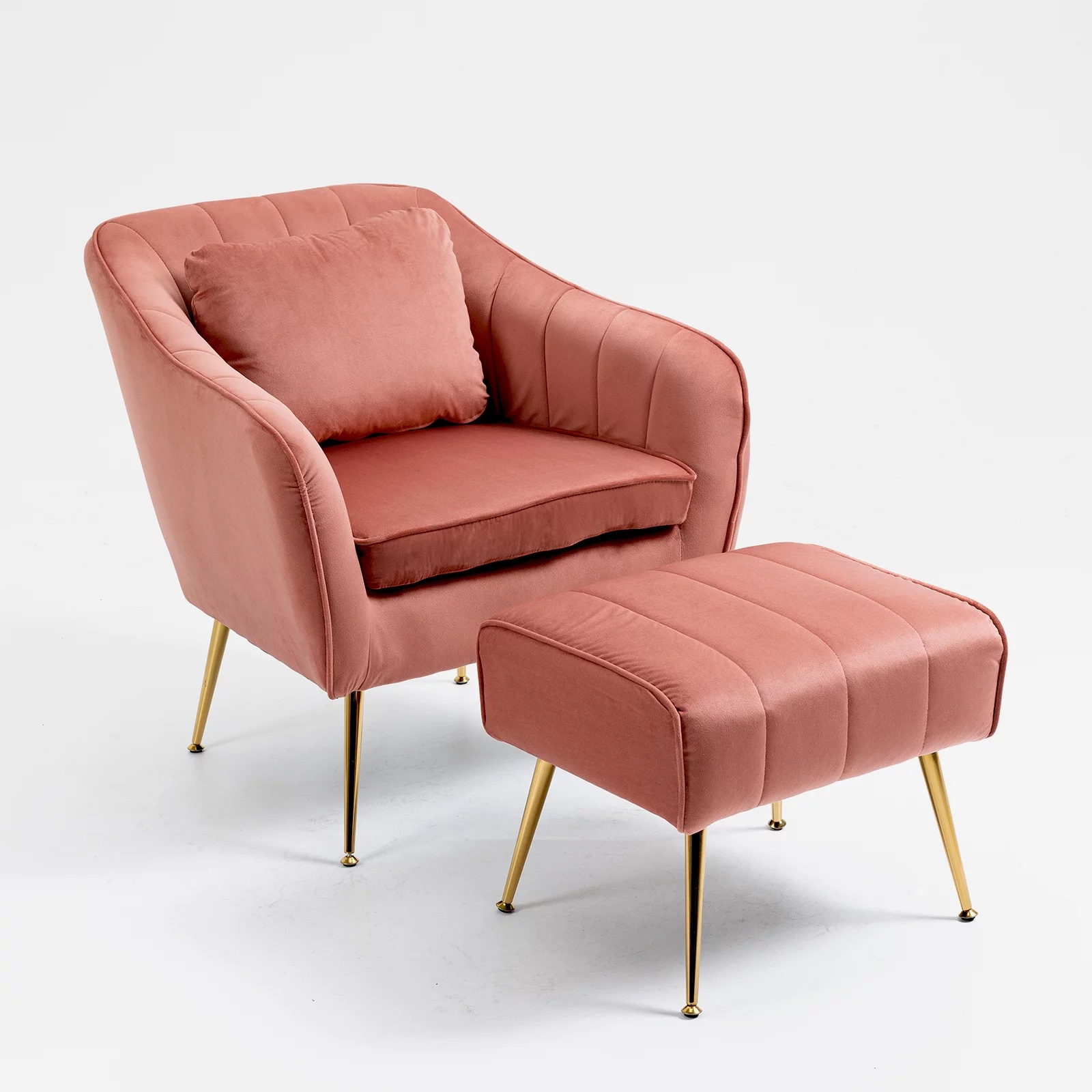 Velvet Accent Chair for Living Room, Mid Century Modern Vanity Armhair for Bedroom with Armrest, Arm Chair with Golden Metal Legs, Pink