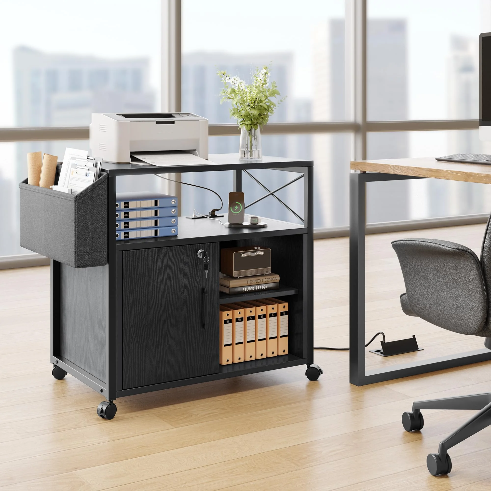 Dextrus Lateral File Cabinet, Wood Printer Stand with Charging Station, Mobile Filing Cabinet with Open Storage Shelves and Side Pocket, Fits A4, Letter, Legal Size Files, Office Furniture, Black