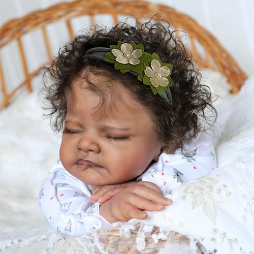 WOOROY Realistic Reborn Baby Dolls Black - 20-Inch African American Sleeping Newborn Dolls with Weighted Cloth Body and Soft Hand-Rooted Curly Hair with Accessories Gift Set for Kids Age 3+