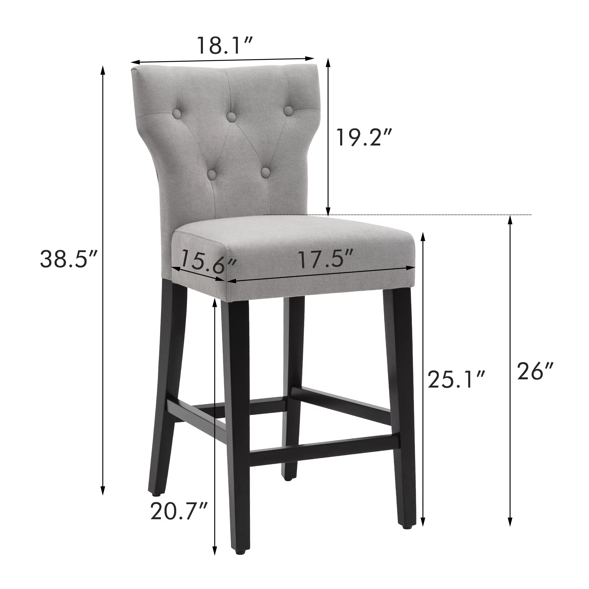 Modern Counter Height Wood and Fabric Bar Chair, Tall Wingback Style Bar Stool, Set of 2, Gray