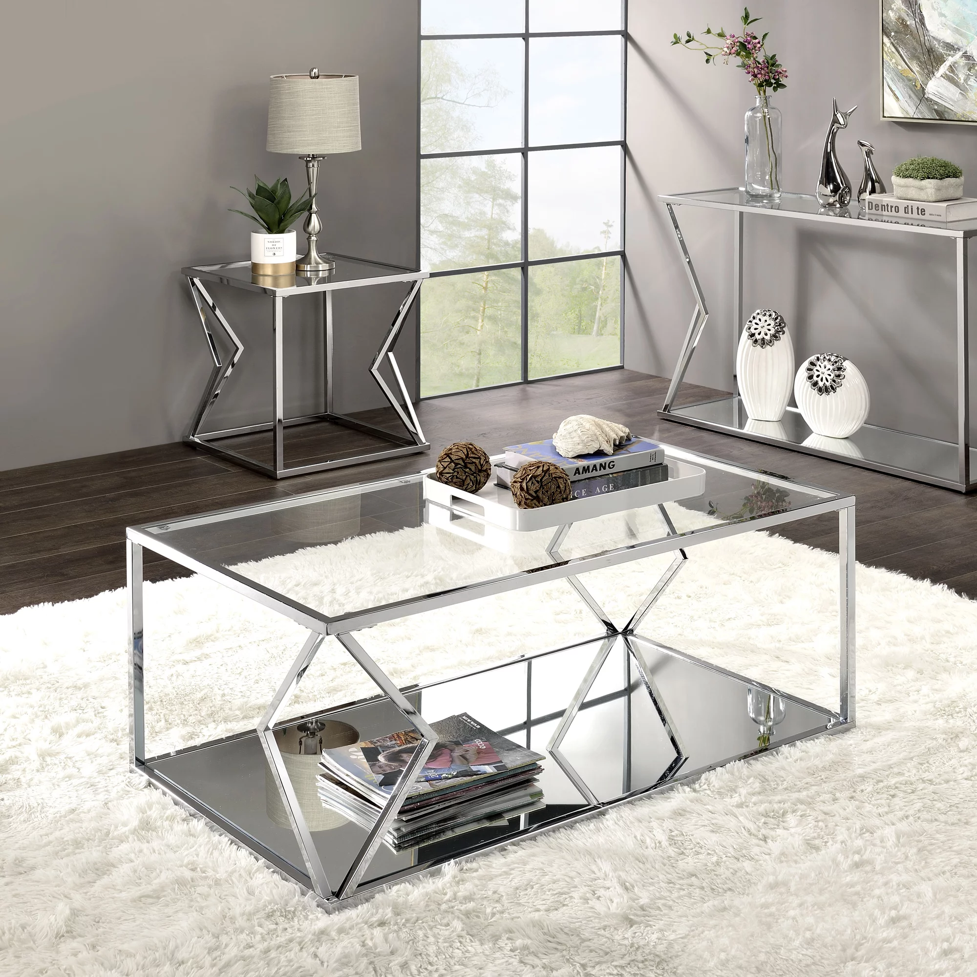 ACME Virtue Glass Top Rectangular Coffee Table in Clear and Chrome
