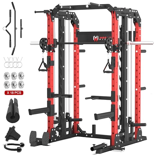 Smith Machine Home Gym with Aluminum Pulley Set - 2000lbs Capacity All-in-One Power Rack with Cable Crossover, Pull-Up Bar & Dip Station, Includes 18 Attachments, P107 Anvil
