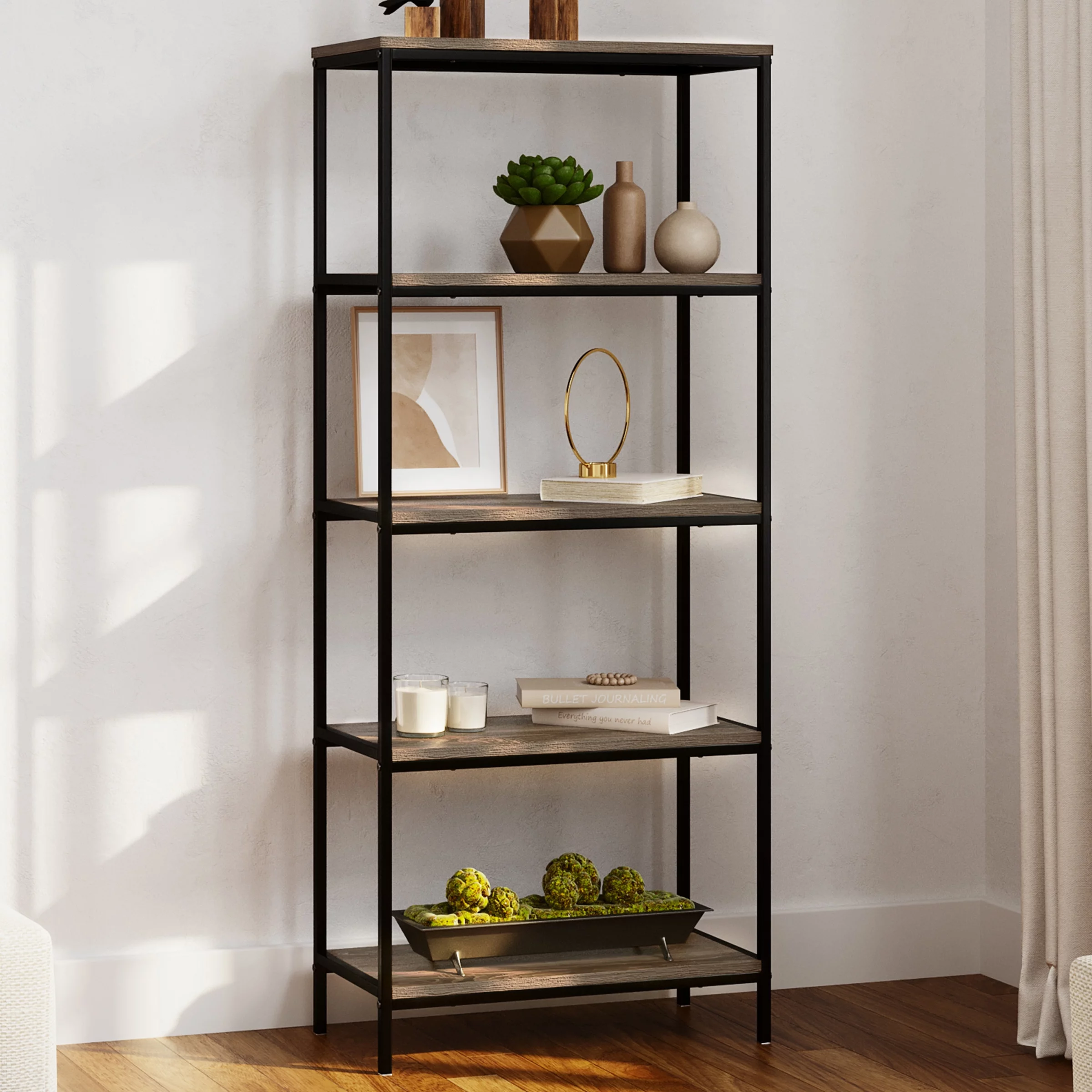 Somerset Home 5 Tier Bookcase, Open Industrial Style, Black