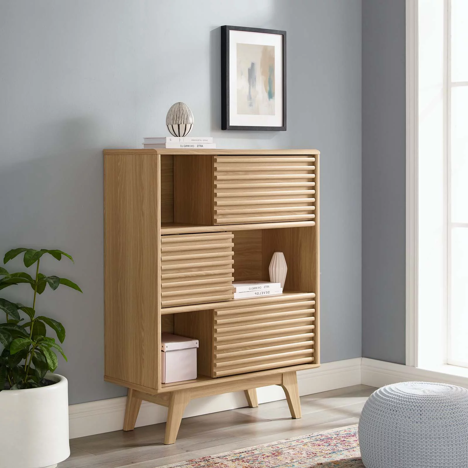 Media TV Stand Console Table, Wood, Brown Oak, Modern Contemporary Urban Design, Living Lounge Room Hotel Lobby Hospitality