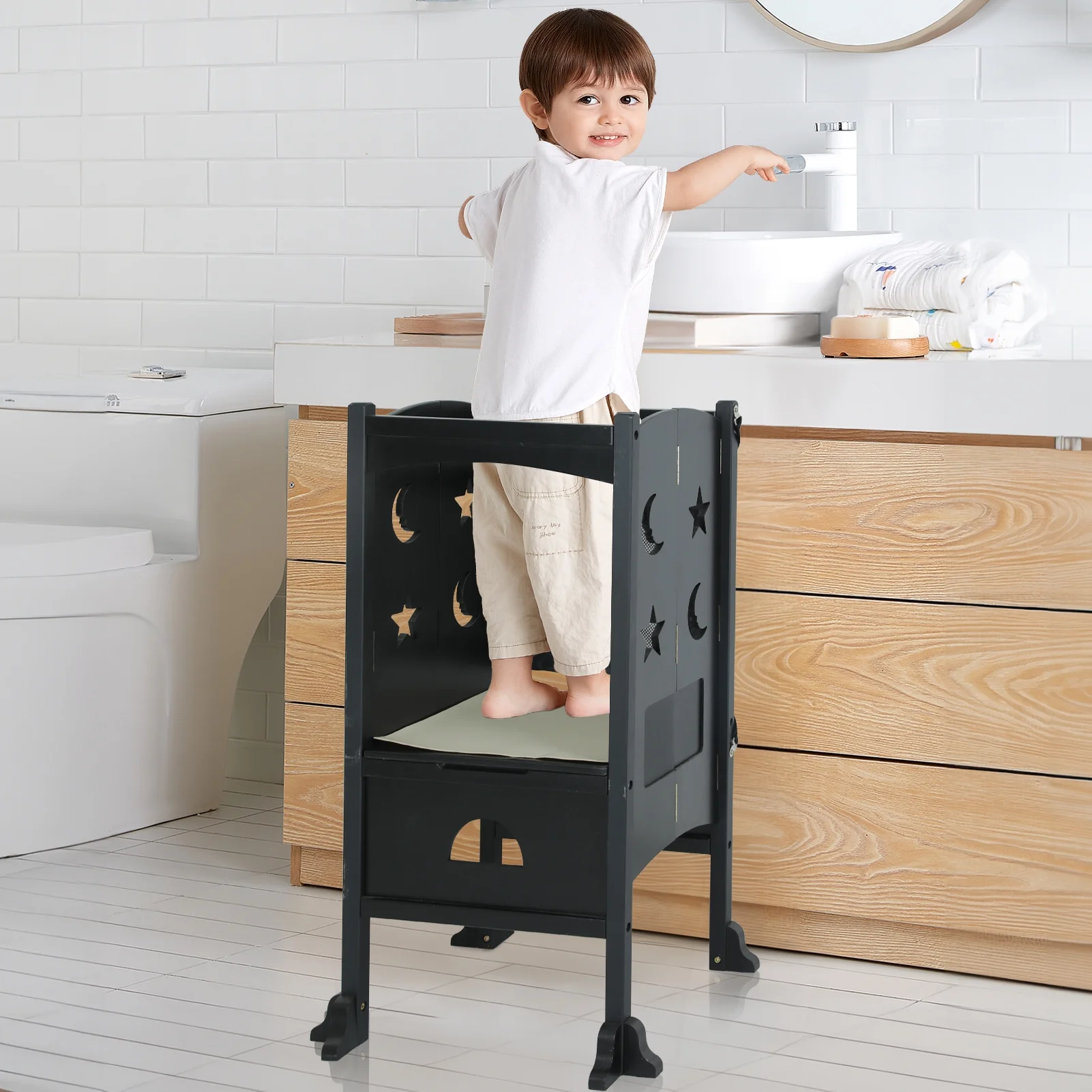 Fionafurn Wooden Kitchen Step Stool, Folding Toddler Stool Counter Kids Kitchen Step Stool,Black