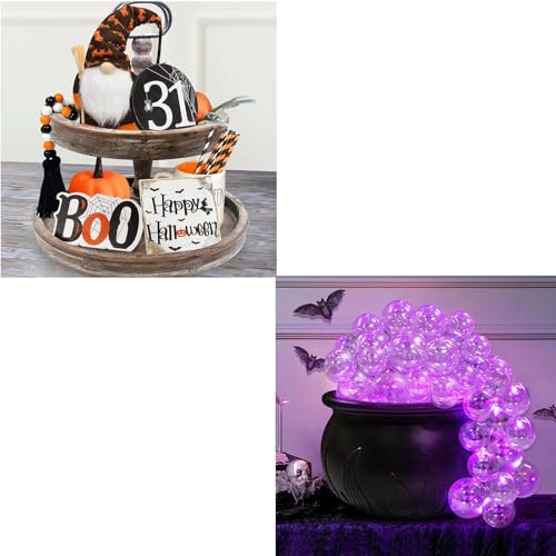 Halloween Decorations Indoor - DIY Bubbling Cauldron Set - BOO Happy Halloween Wooden Signs - Cute Gnomes Plush and Bead Garland - Farmhouse Rustic Tiered Tray Decor Items for Home Table House Room