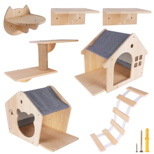 Cat Wall Furniture Cat Wall Shelves, Large Cat Climbing Shelves Set of 7 Wall Mounted Cat Furniture, with Cat Apartment, Cat Scratching Post, Perches Platform, for Cat Climbing & Resting