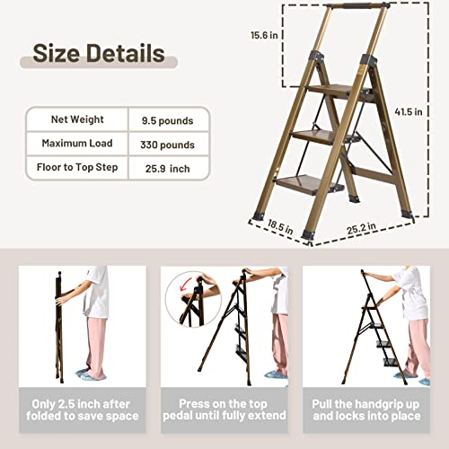 XinSunho 5 Step Ladder, Retractable Handgrip Folding Step Stool with Anti-Slip Wide Pedal, Aluminum Stool Ladders 5 Steps, 330lbs Safety Household Ladder
