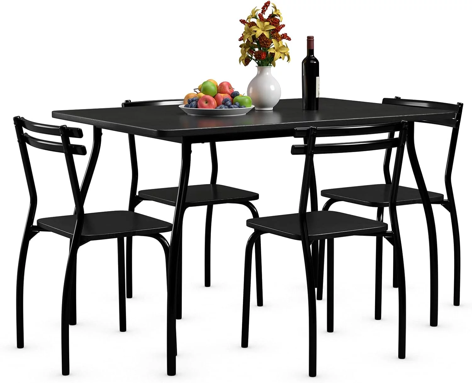 For 4, Modern Metal And Wood Indoor Rectangular Dining Table Furniture Set For Dining Room, Kitchen, Dinette, Table And 4 Chairs W/Metal Legs