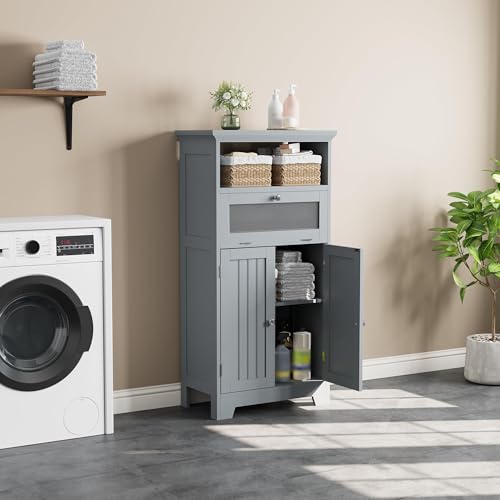 ChooChoo Bathroom Floor Storage Cabinet with Flip Glass Drawer, Freestanding with 2 Doors, Adjustable Shelf & 1 Open Storage for Living Room, Hallway, Navy Blue