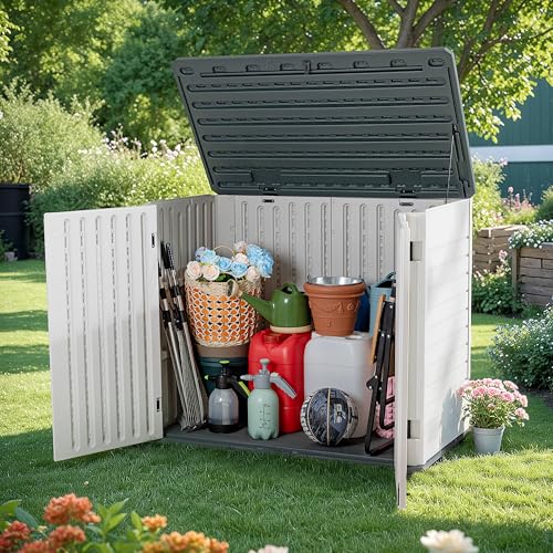 Greesum Outdoor Horizontal Resin Storage Sheds 34 Cu. Ft. Weather Resistant Resin Tool Shed, Extra Large Capacity Weather Resistant Box for Bike, Garbage Cans, Lawnmowe, Without Divider, White