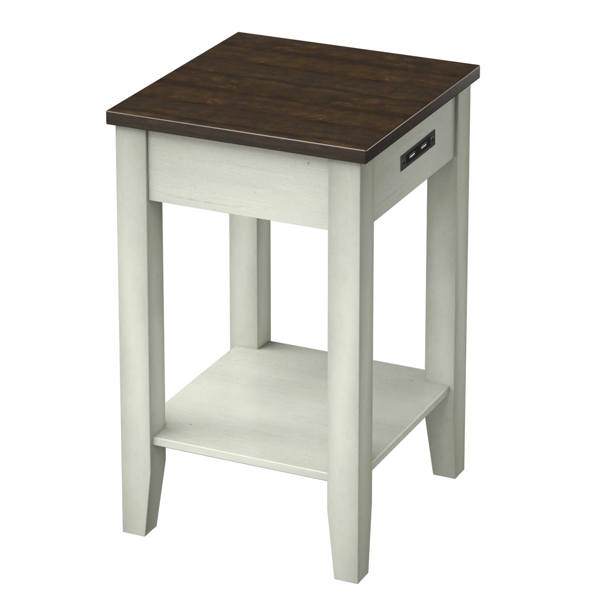 Modern Farmhouse Two-Tone Side Table with USB Charging in Old Wood White