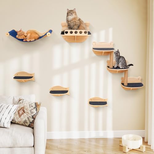Cat Wall Shelves Furniture Set Cat Shelves for Wall for Large Adult Cats Kittens Wall-Mounted Cat Wall Steps Shelf Perches Climber with Hammock Perches Sisal Scratching Post