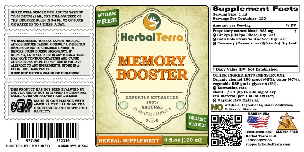 Memory Booster Absolutely Natural, Expertly Extracted by Trusted HerbalTerra Brand Certified Organic Alcohol-Based Liquid Extract. Proudly made in USA. Tincture 4 Fl.Oz