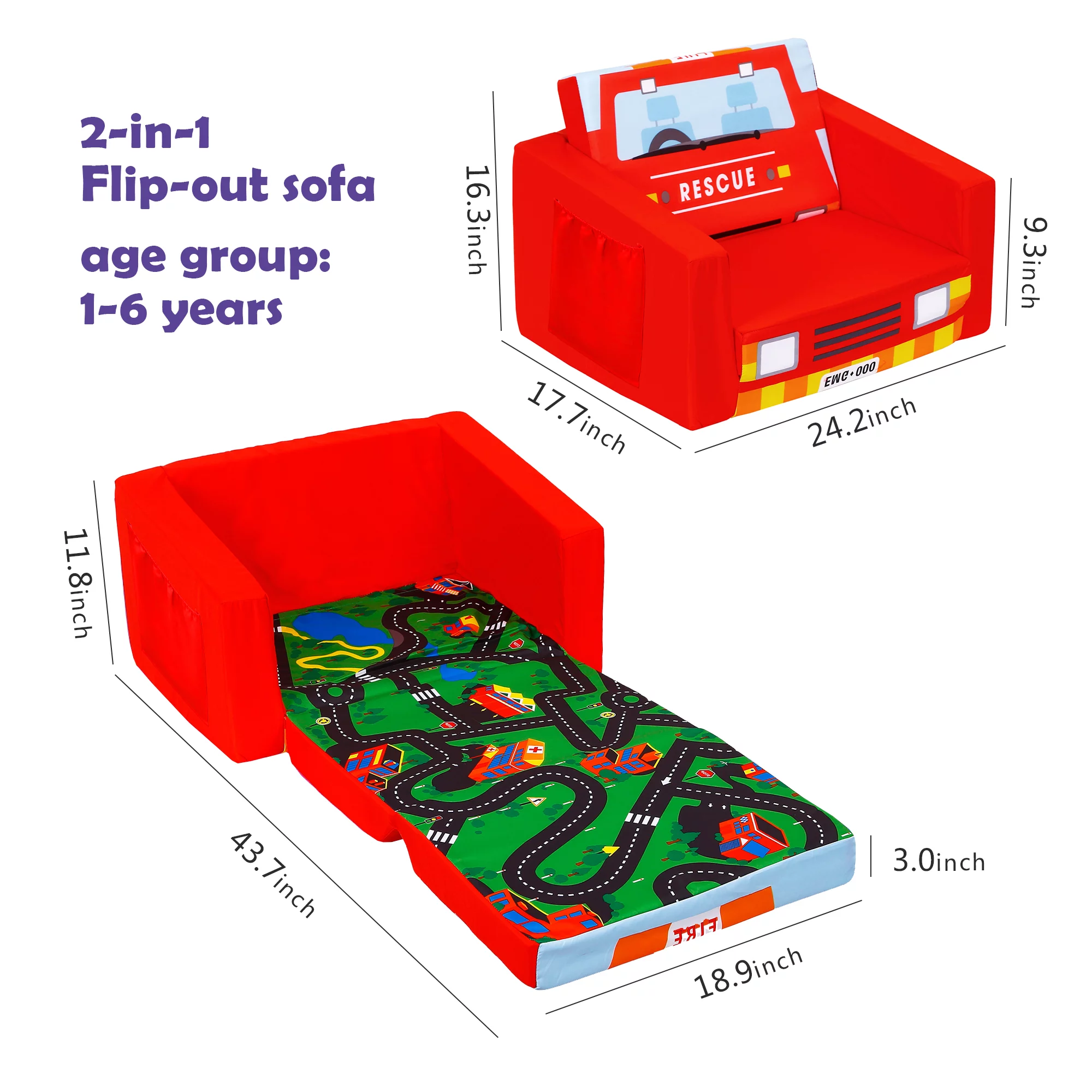 Kids Sofas Children's Sofa Bed Baby's Upholstered Couch Sleepover Chair Flipout Open Recliner(Red/Fire Truck)