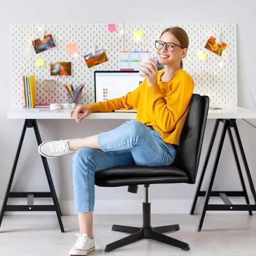 RUNFAYBIU PU-Padded Armless Office Desk Chairs No Wheels  High-Back Wide Seat Home Office Desk Chair  120°Rocking Cross Legged Computer Task Chairs  Modern Adjustable Swivel Vanity Chair