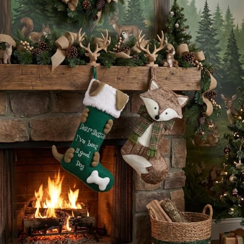 Valery Madelyn 21 Inch Christmas Stockings Decorations, Fabric Personalized Brown Fox Stocking with Name Tag, Traditional Stockings for Boys and Girls First Christmas