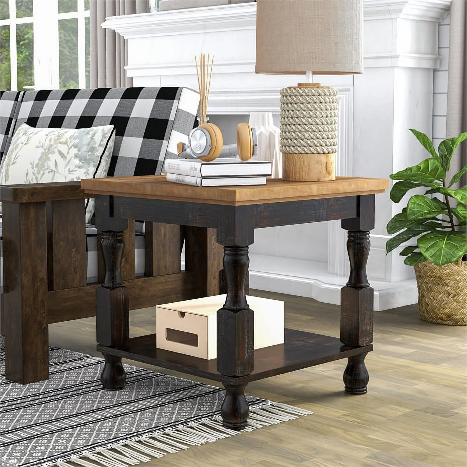 Furniture of America Neli Rustic Solid Wood 1-Shelf End Table in Black and Oak