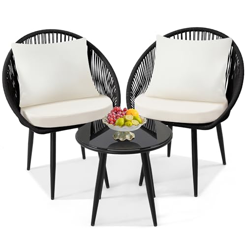 3 Piece Bistro Set, Woven Rope Chair with Cushions, All Weather Patio Conversation Set with Side Table, Ideal for Deck, Balcony, Poolside, Black