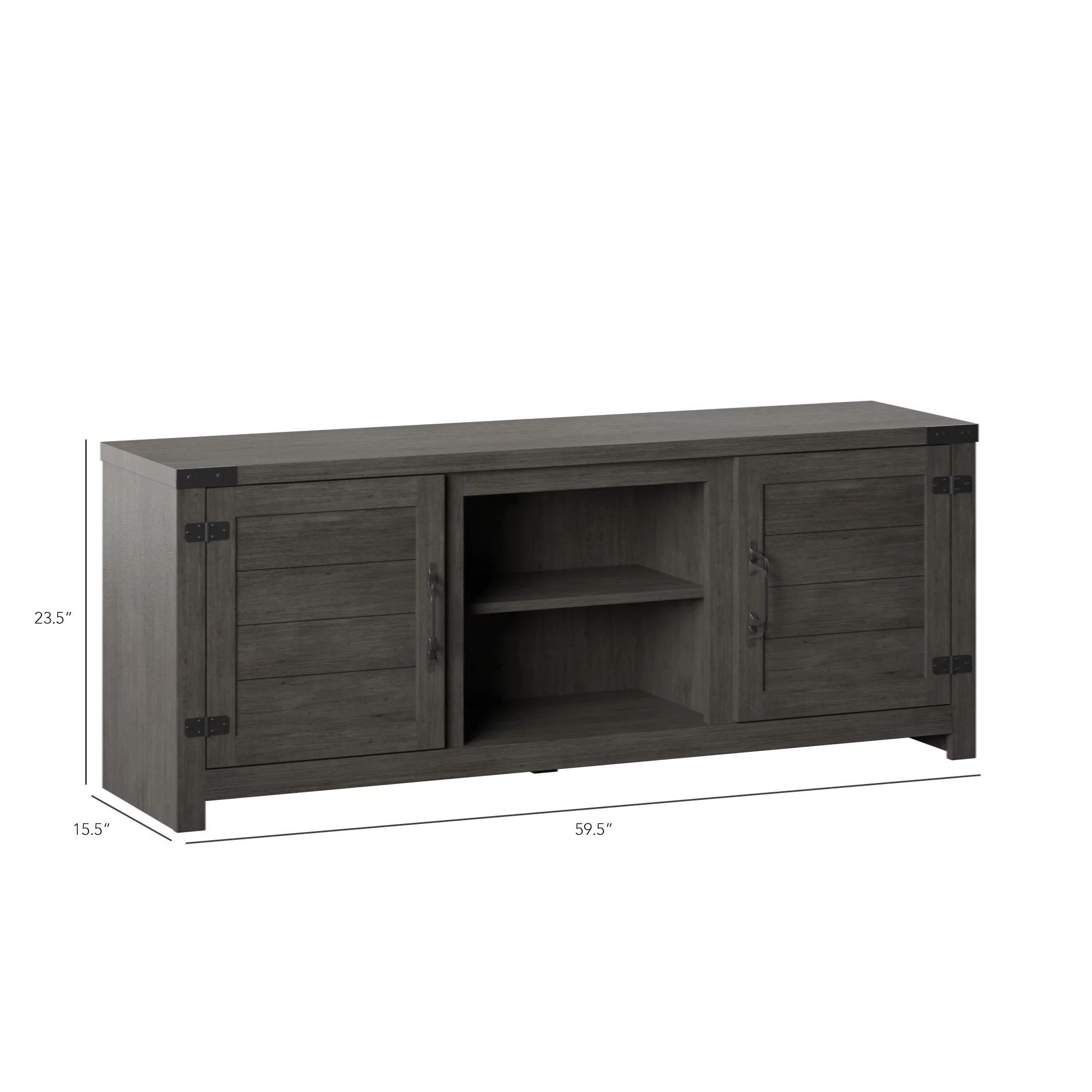 TV Stand for TVs up to 65” with Planked Doors and Nail Head Details, Weathered Gray