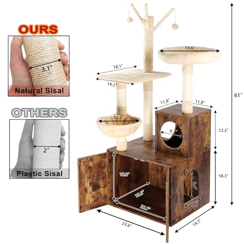Cat Tree Tower with Litter Box Enclosure, 2-in-1 Wooden Cat Condo with Sisal Scratching Post, Hammock, Brown