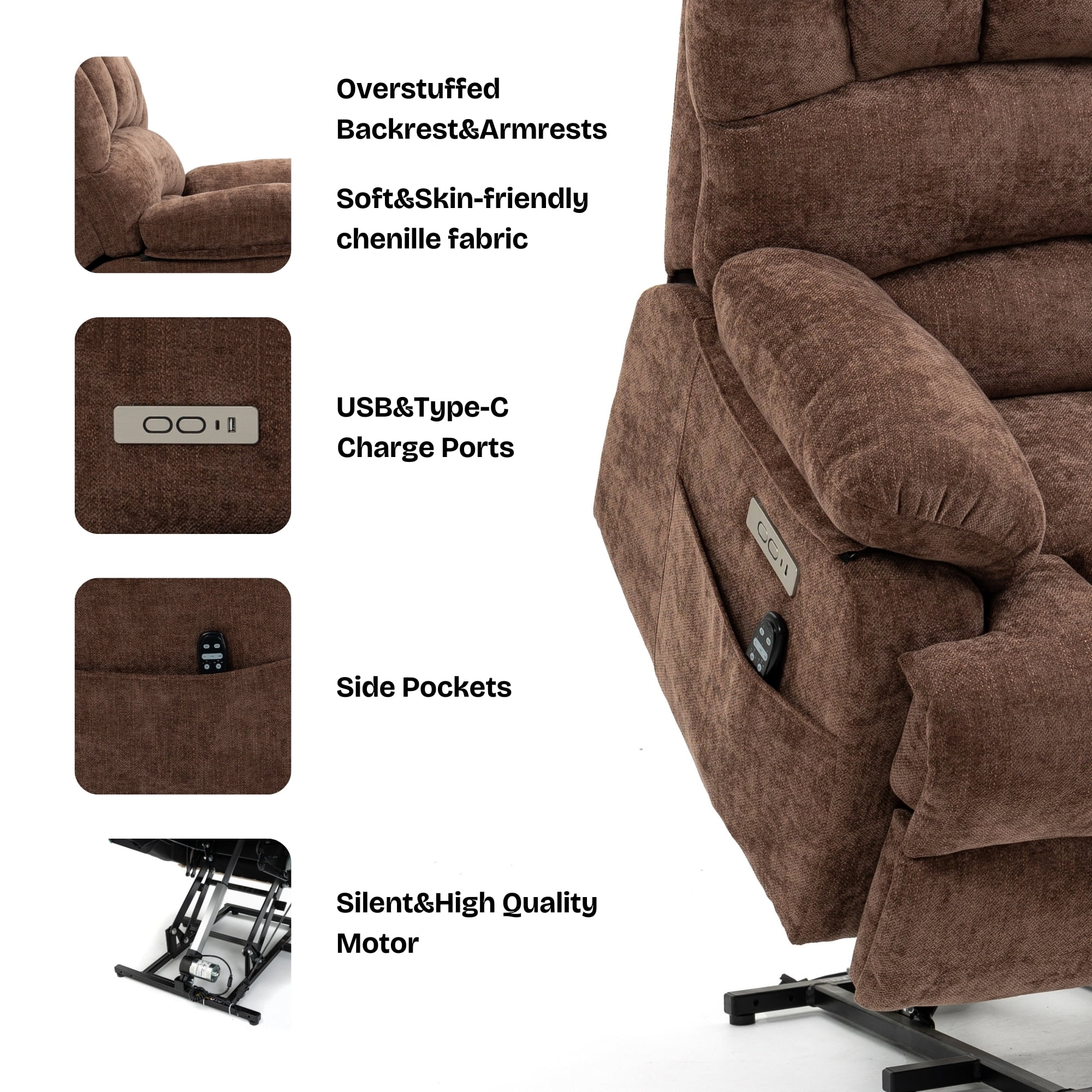 Hifurni Large Size Power Lift Recliner Chair, 8-Point Vibration Massage Lumbar Heating and USB Port, Brown Chenille