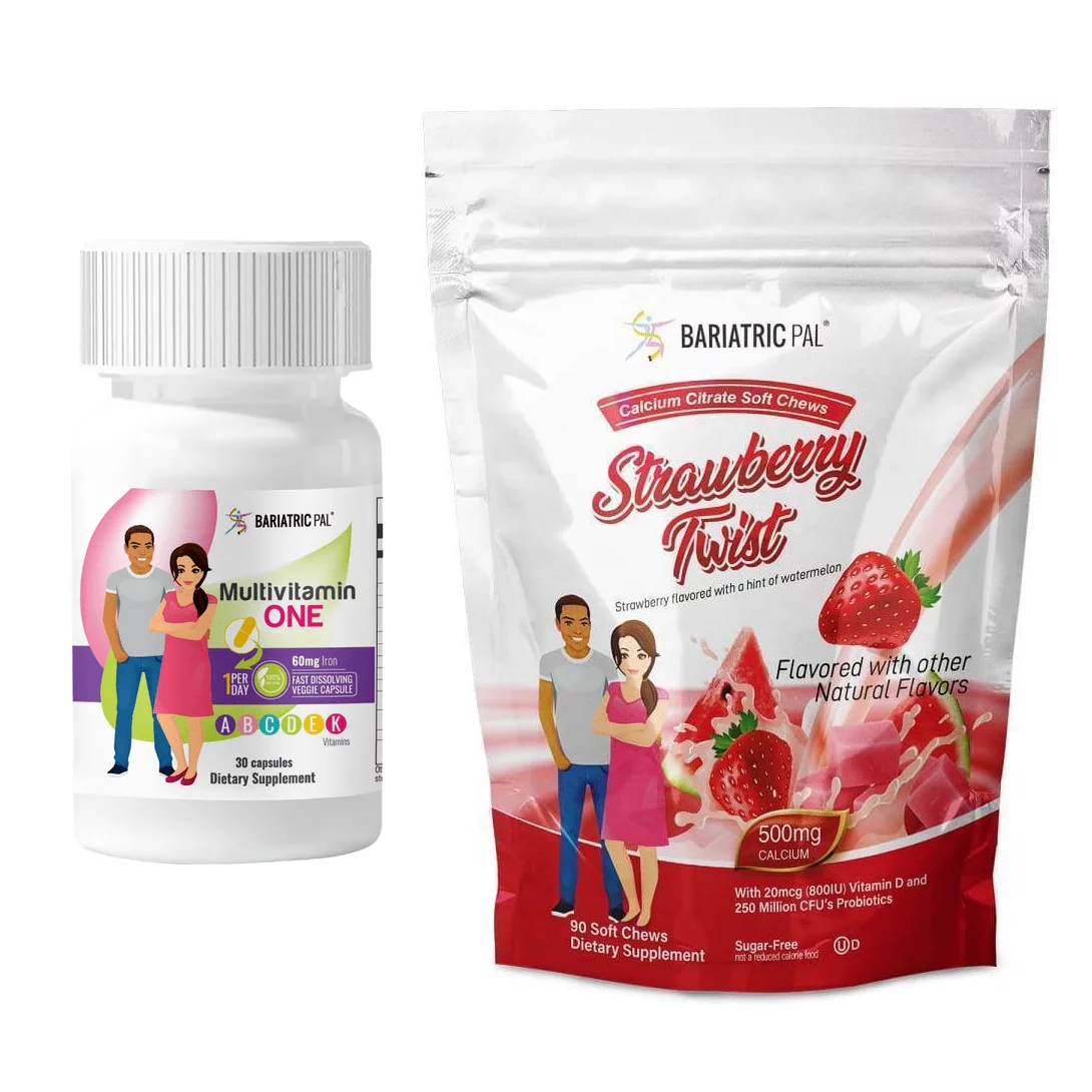 Gastric Sleeve Complete Vitamin Pack - Capsules Size: 1-Month Supply, BariatricPal Multivitamin ONE: Capsule with 60mg Iron, BariatricPal Calcium Citrate Soft Chews: Strawberry Twist