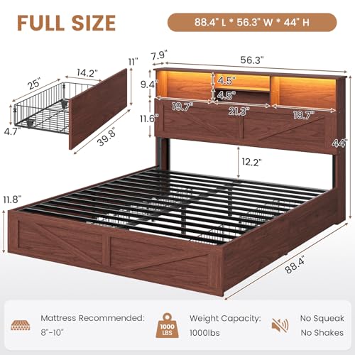 VIAGDO Farmhouse Bed Frame Full Size with Bookcase Storage Headboard, Charging Station and LED Lights, Wooden Full Bed Frame with 4 Drawers, Barn Door Design, No Box Spring Needed, No Noise, White