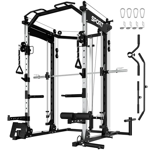 Smith Machine for Home Gym, 2200LBS Capacity Heavy Duty Power Cage with Cable Crossover System, All-in-One Home Gym System with Weight Storage & Multi-Functional Training Stations