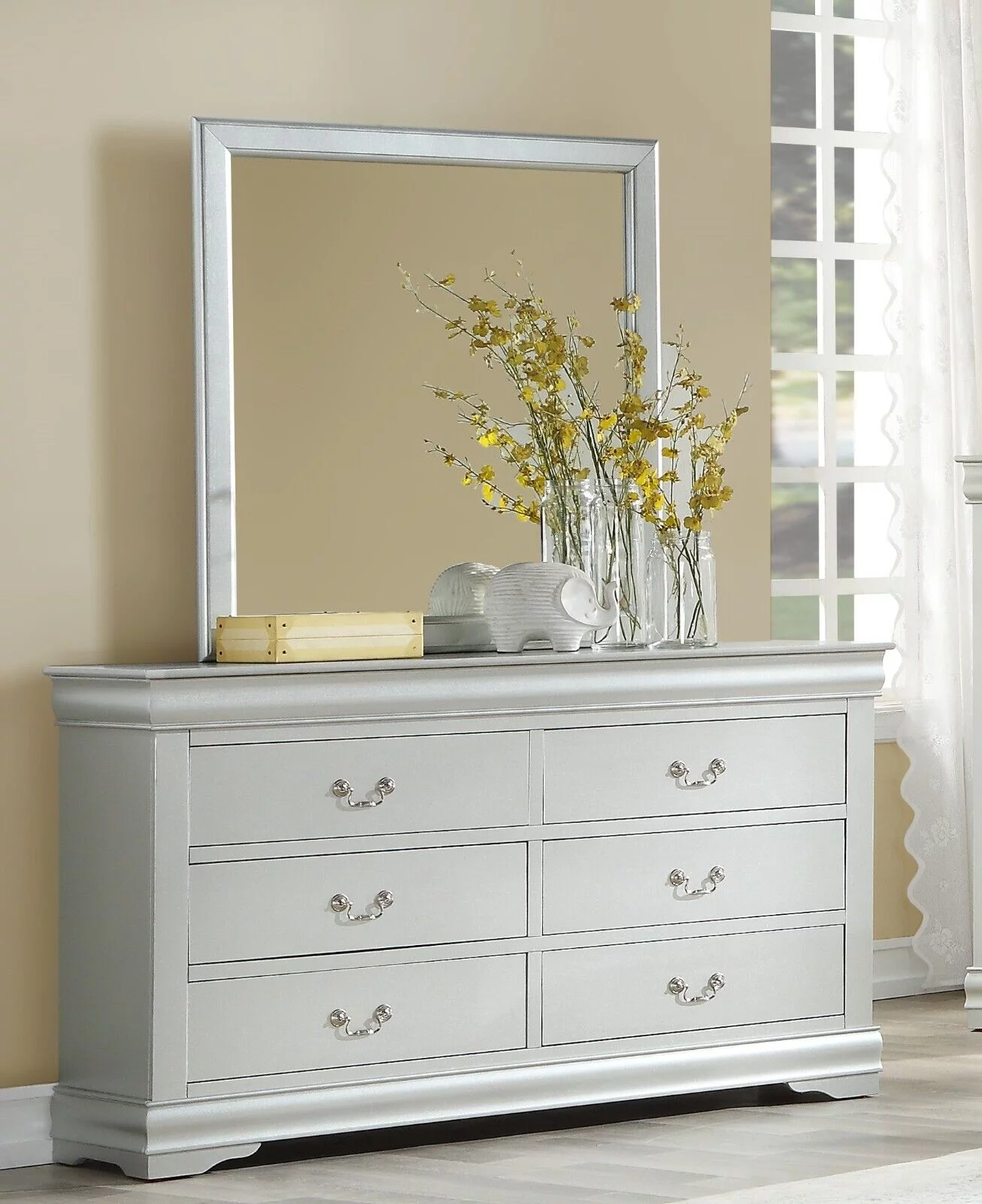 Louis Phillippe Style Transitional Bedroom 5pc Set Twin Bed Dresser Chest Nightstand Mirror Platinum Finish Furniture