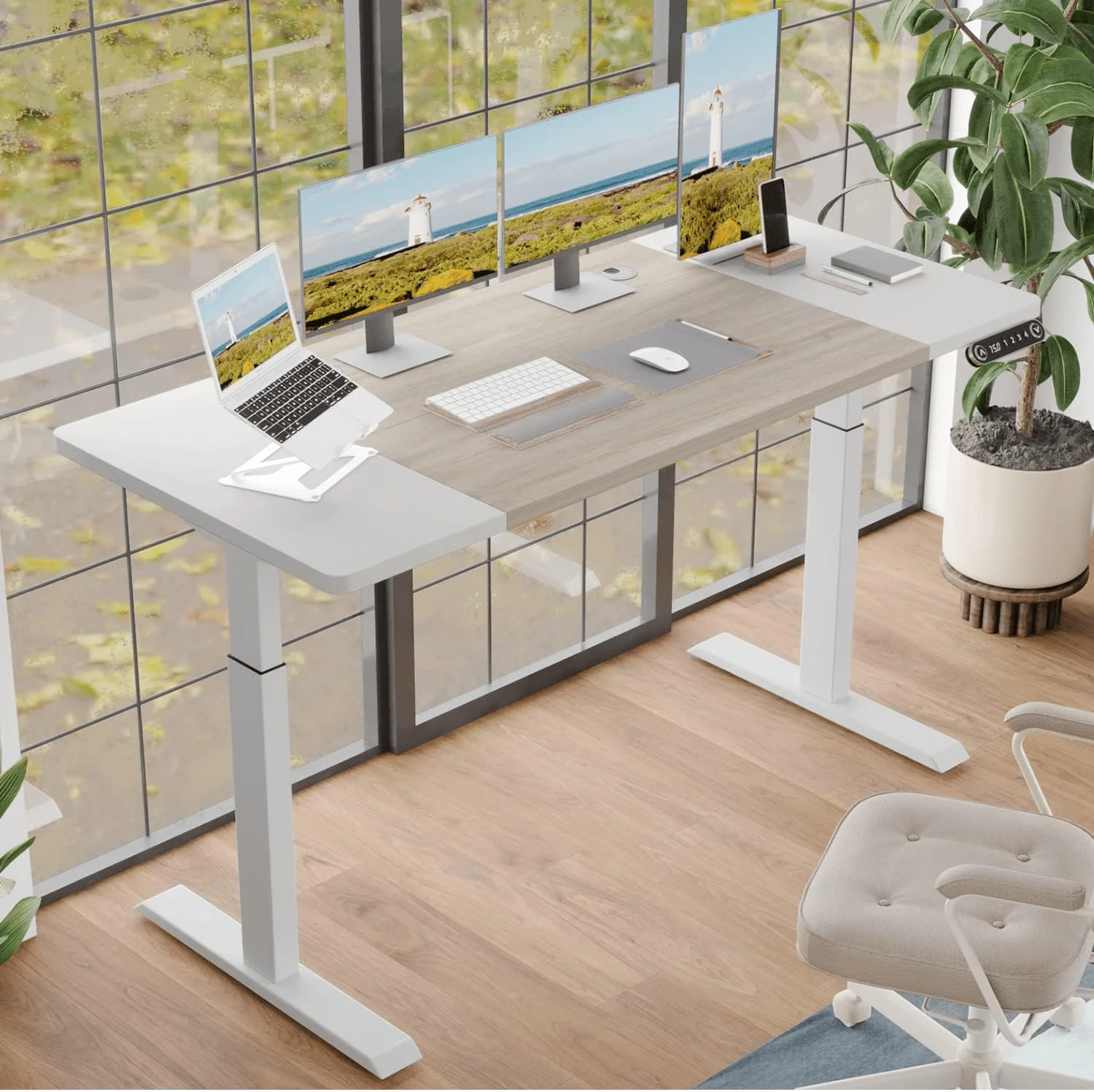 Electric Height Adjustable Standing Desk, 63x 30 Inches Stand Up Desk Workstation, Splice Board Home Office Computer Standing Table Ergonomic Desk (White+ Oak, 63x30'')