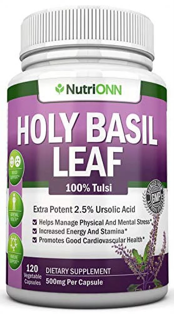 Holy Basil Leaf Extract - 500mg - 2.5% Ursolic Acid - 120 Vegan Capsules - Premium Tulsi Leaf Powder Supplement - Powerful Adaptogen for Stress and Anxiety Management - Supports Mood and Sle