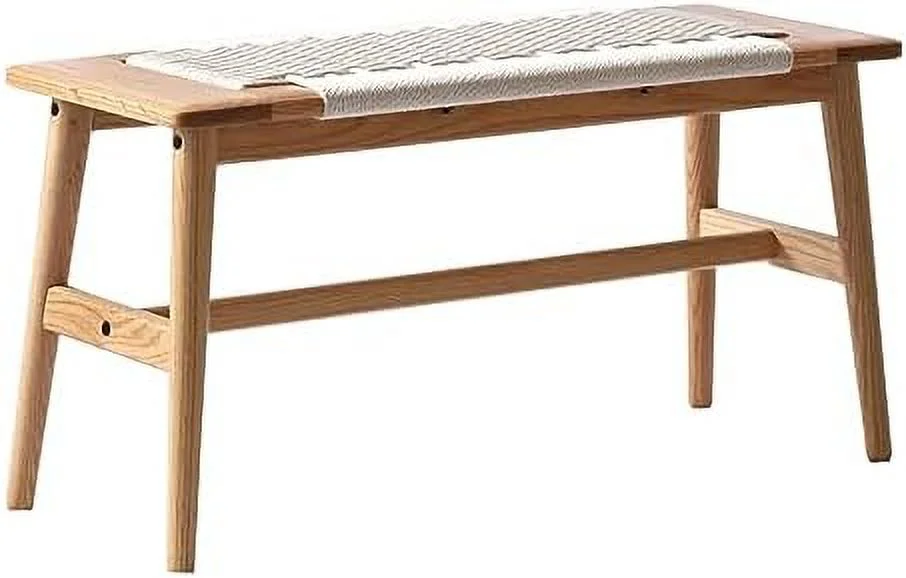 YZboomLife Wood Dining Bench 100% Natural Solid Oak Bed Bench with Rattan Design  Rounded Edge  Bench for Entryway Hall  Dining Room Bedroom  Living Room (Beige Color  31.49 inch)