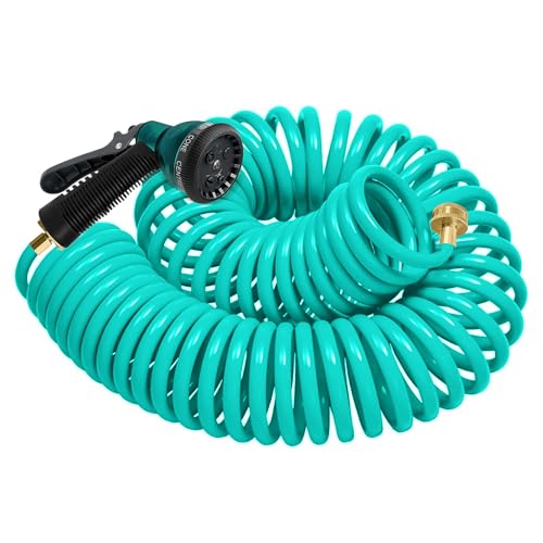Coil Hose 25FT EVA Coil Garden Hose With 3/4'' Brass Connector Coiled Water Hose Lightweight And No Kink Includes 7 Patterns Spray Nozzle For Outdoors Lawn Watering Car Washing