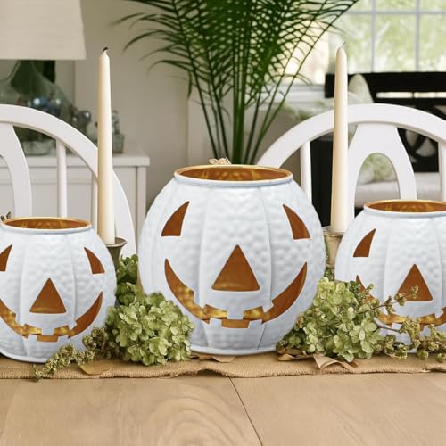 Halloween Decor LED Candles, Creepy Cloth Decor Set Halloween Metal Jack-O'-Lanterns Rustic Style Autumn Indoor-Outdoor 3-Piece Set