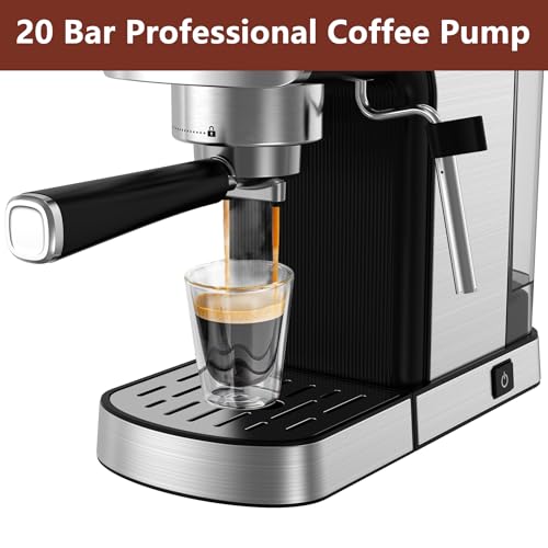 VEGETA Espresso Machine 20 Bar, Small Coffee Maker with 40oz Removable Water Tank, Stainless Steel Espresso Machine with Steam Milk Frother, Latte & Cappuccino Machine for Home, Silver