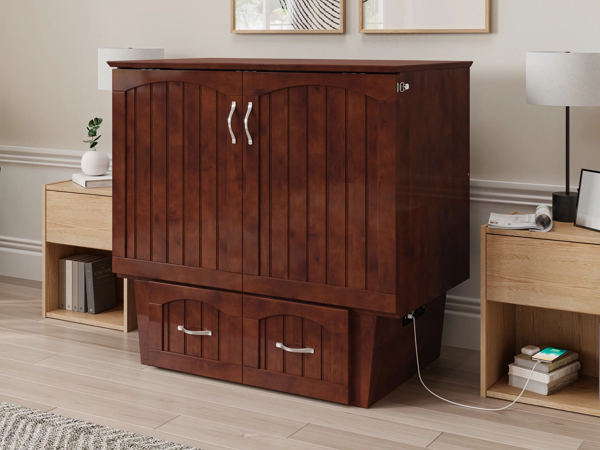 AFI Sydney Twin Solid Wood Murphy Bed Chest with Mattress, Drawer & Charger, Walnut