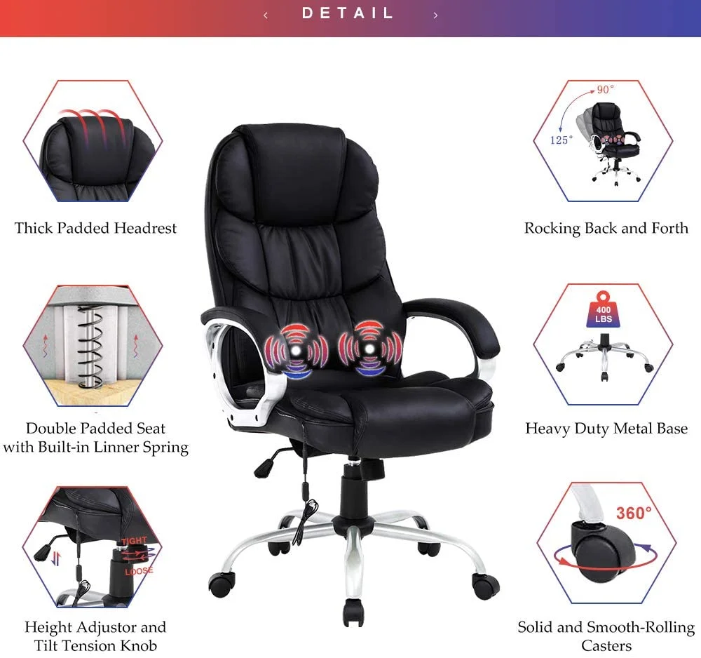 Dkelincs Executive Office Chair Big and Tall Leather Computer Chair Ergonomic Massage Desk Chair Heavy Duty Swivel Task Chair High Density Sponge Seat & Back Chair with Padded Armrest