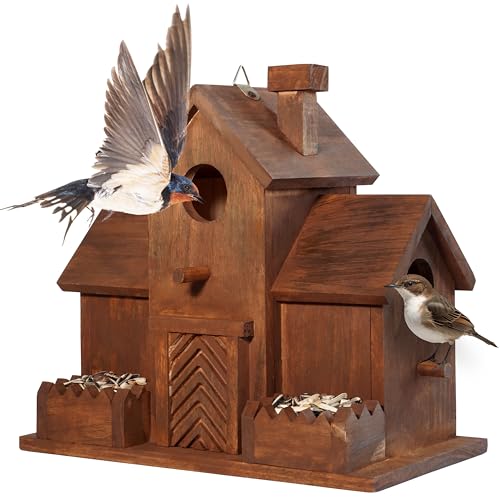 MIXUMON Bird Houses for Outside with Bird Feeder, Outdoor 3 Hole Bird House Room for 3 Bird Families Bluebird Finch Cardinals Hanging Birdhouse for Garden (Style 12)