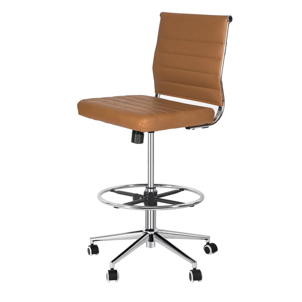 Okeysen Armless Desk Stool Drafting Chair Ergonomic Leather Office Chair Modern Standing Desk Chair with Adjustable Foot Ring, Ribbed Mid Back & Swivel Rolling, Brown