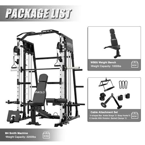 Mikolo Smith Machine, 2200lbs Squat Rack with LAT-Pull Down System & Cable Crossover Machine, Training Equipment with Leg Hold-Down Attachment