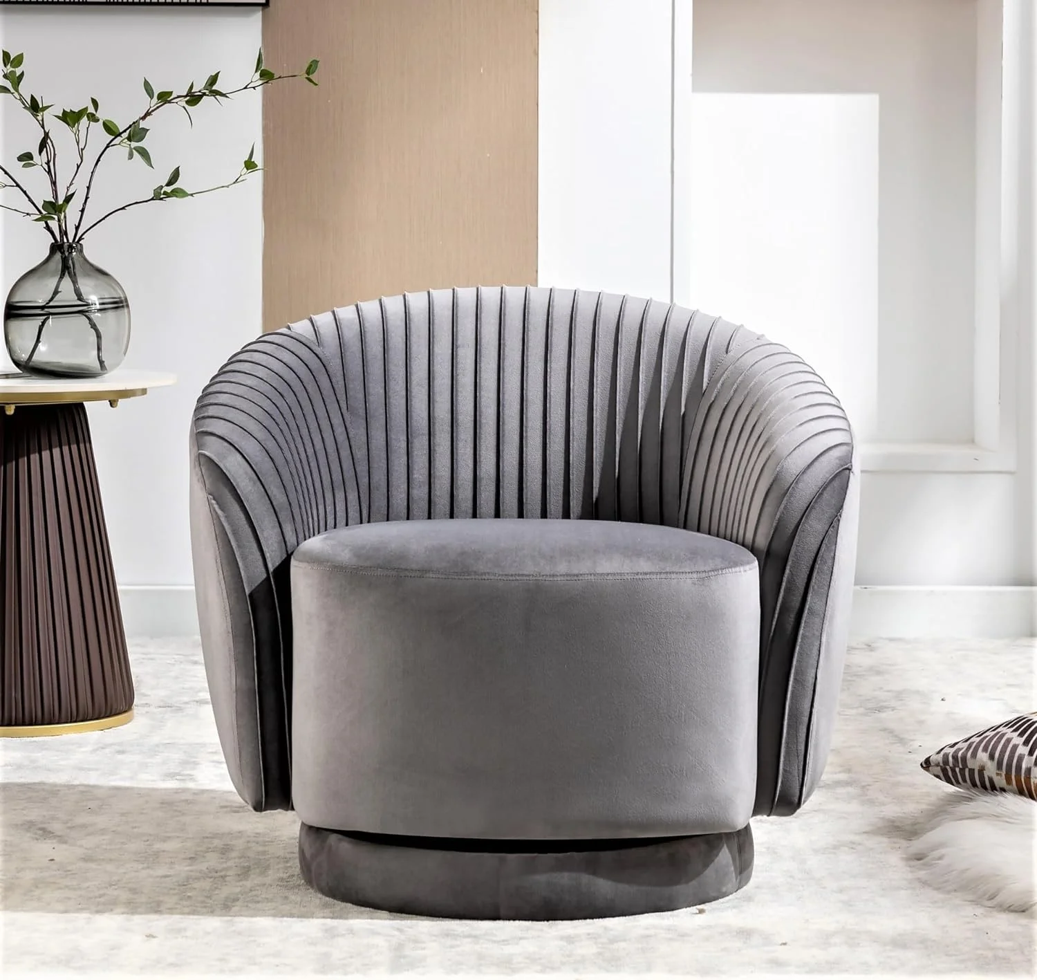 Container Furniture Direct Modern Barrel Swivel Chair with Plush Velvet Upholstery and Smooth 360° Rotation, Round Accent One-Seater Sofa for Living Room, Bedroom and Office