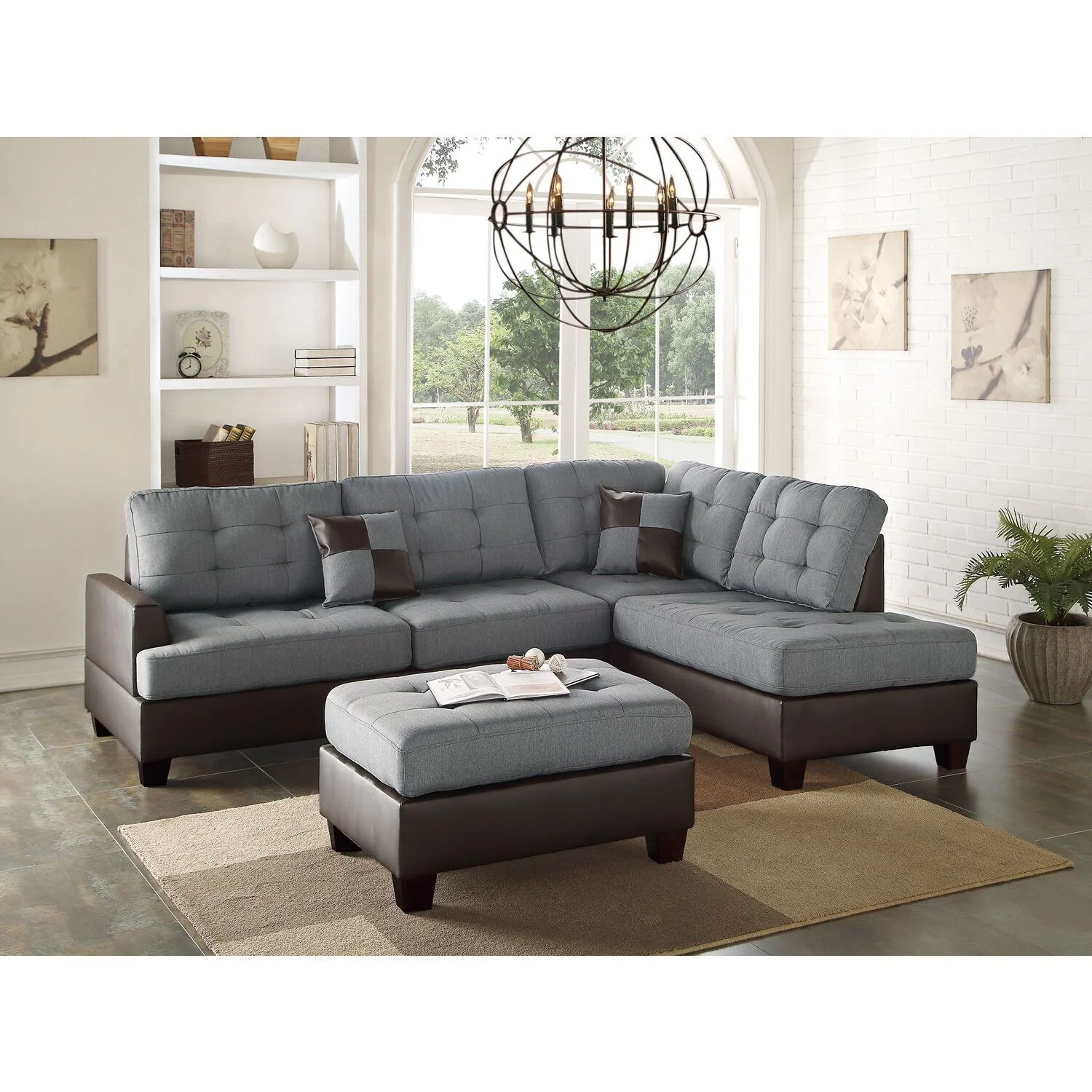 Maykoosh Victorian Vibes 3 Piece Fabric Sectional Sofa Set with Ottoman in Gray Color