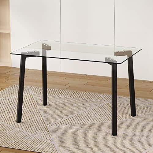 RUNFAYBIU 47 inch Small Dining Room Table 0.31 Thick Tempered Glass Table Top Clear Office Table Desk Transparent Glass Dining Table Rectangle Kitchen Dinner Table with Wood Coat Metal Le