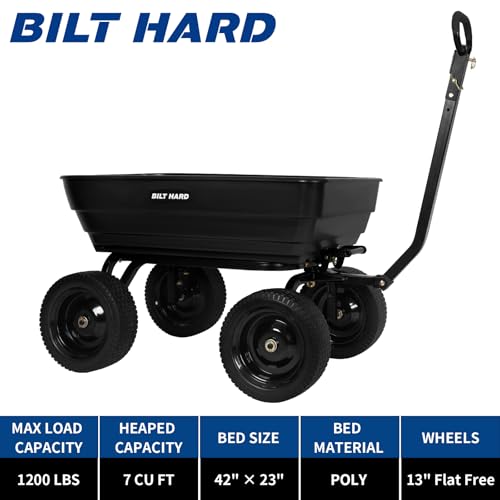 BILT HARD Poly Garden Dump Cart 1200 lbs with No Flat Tires, Quick Release, 2-in-1 Convertible Handle, 7 Cu Ft Dump Wagon Heavy Duty for Yard, Outdoor